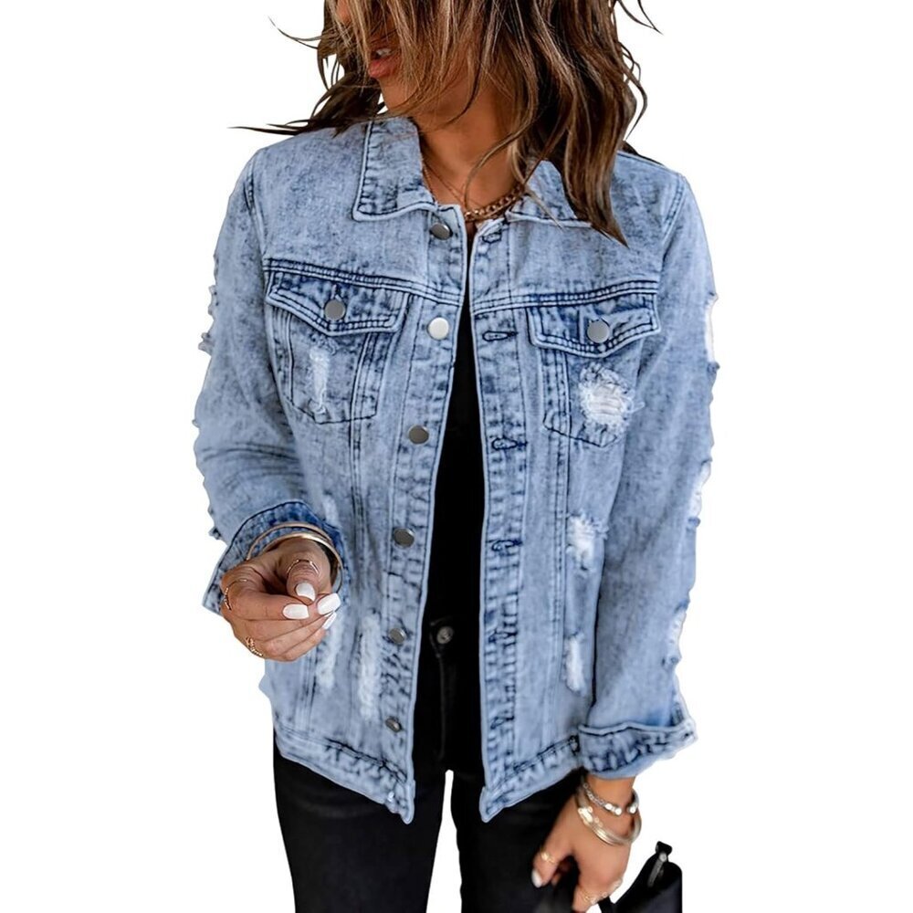 Brand New Women's A-Blue Cotton Distressed Boyfriend Denim Jacket with Pockets